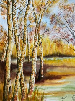 Tableau peinture aquarelle Au bord de l'étang