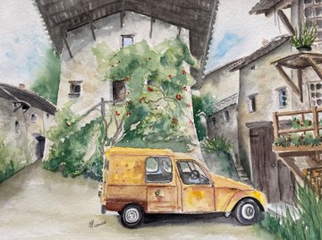 Tableau peinture aquarelle Le vieux hameau