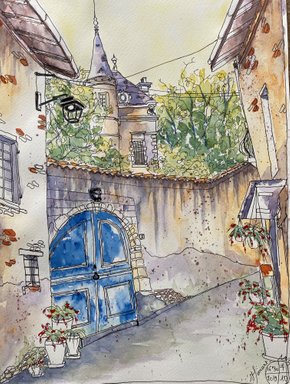 Tableau peinture aquarelle Rue de l'escot à Montluel dans l'Ain